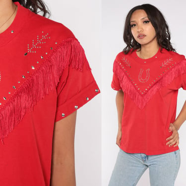Western Fringe Shirt 90s Red Horseshoe Studded Beaded T-Shirt Southwestern Rodeo Bull Tshirt Retro Cowgirl Tee Vintage 1990s Medium Large 