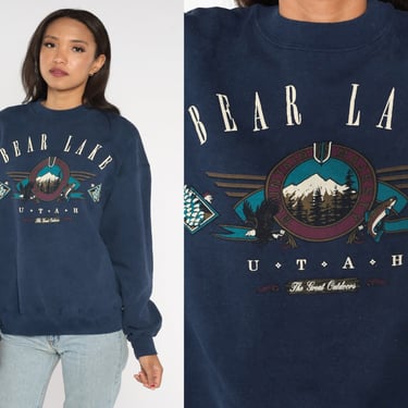 Bear Lake Utah Sweatshirt Retro 90s Sweatshirt Slouchy Jumper Pullover 1990s Navy Blue Graphic Travel Vintage Mountain Shirt Extra Large xl 