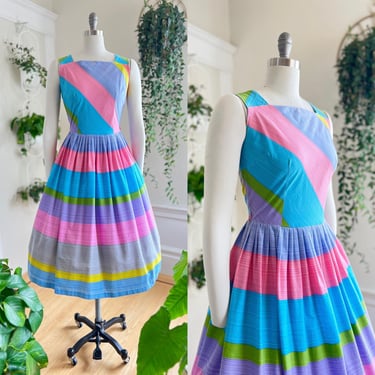 Vintage 1950s Sundress | 50s Colorful Striped Cotton Fit and Flare Midi Day Dress (medium) 