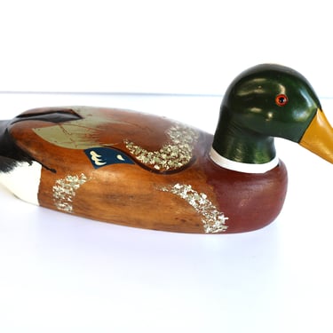 Vintage Glass Eye Mallard Duck Decoy - Hand Painted Carved Wood American Folk Art - 14.5” 