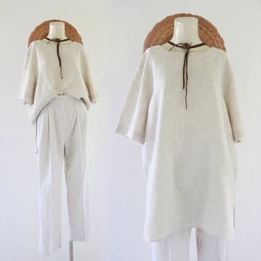 longline linen tee - l - vintage 90s 1990s short sleeve beige brown womens size large minimal natural shirt blouse modest 