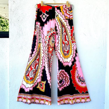 Vintage 60s 70s Psychedelic Pants 1960s 1970s Trippy Bright Graphic Paisley Wide Leg Bottoms 