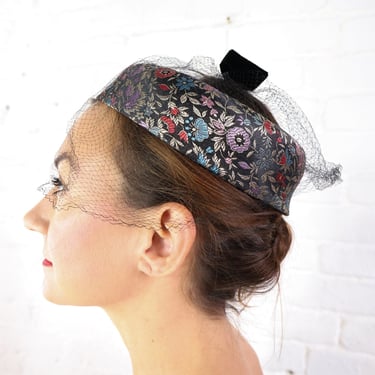 1950s Black Print Pillbox Hat | 50s Black Brocade Ring Hat | Black Ring Hat 