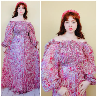 1970s Vintage Canda International Pink Floral Balloon Sleeve Dress / 70s Chiffon Shirred Prairie Dress With Belt / Small - Medium 