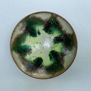 Mid Century Norwegian Enamel Dish, Copper Enamel, Green Brown Design, Hand Crafted Change Dish, Ring Trinket Dish, Bowl, Scandinavian 