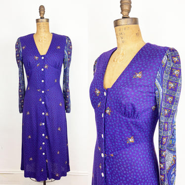 Vintage 1970s Plain Jane San Francisco Purple Floral Mixed Print Dress Pre-Esprit Small 