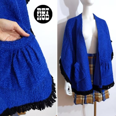 Unique Vintage 60s 70s Blue Curly Wool Shawl with Black Fringe and Pockets 