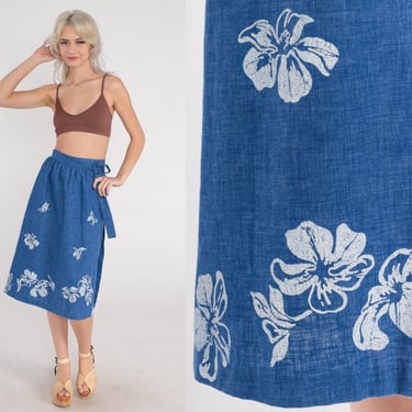 Tropical Wrap Skirt 70s 80s Blue Hawaiian Floral Midi Skirt Butterfly Flower Print Hippie High Waisted Vintage Kokokahi Small Medium Large 