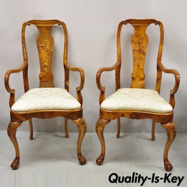 Vintage Queen Anne Style Italian Burl Patchwork Floral Inlay Arm Chairs - a Pair