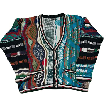 Vintage Coogi Australia 3D Knit Cardigan Sweater Size L – Multicolor Chunky Knit Retro Sweater - Cosby Biggie Streetwear Jumper 