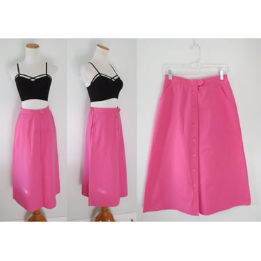 Vintage Pink Midi Skirt - High Waisted Elastic Waist A-line - Button Front Skirts - Pockets - Size Small 