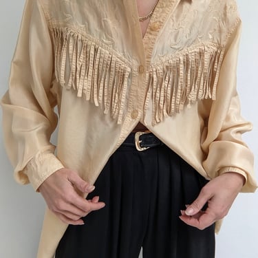 Beautiful Vintage Embroidered & Fringed Silk Blouse