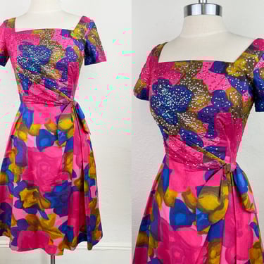 Vintage 60s Abstract Floral Pink Party Dress with Sequined Bodice/ 1960s Cotton Fit and Flare Party Dress XS 