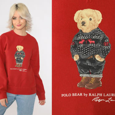 Ralph Lauren Polo Bear Sweatshirt Red Fleece Winter Holiday Bear Long Sleeve Graphic Crewneck Medium 