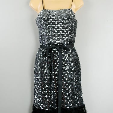Enjoy the Show - 1970 THEMES - Cocktail Party Dress - Black - Silver - Fringe - Spaghetti Strap - XS to S 