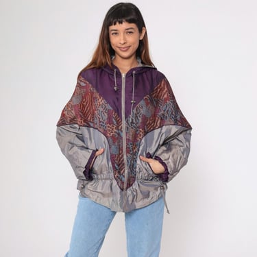 Vintage 90s Hooded Windbreaker Jacket Patchwork Animal Print Purple Silver Nylon Zip Up Oversized Hoodie Drawstring Waist Extra Large xl 