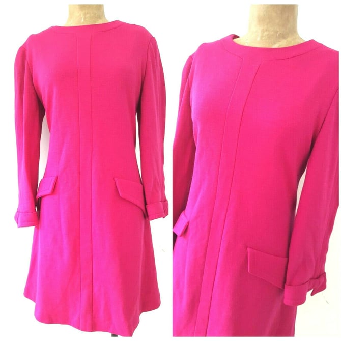 Vintage 80s Fuchsia Pink Dress Size Medium Wool Career Classy Mini Secretary