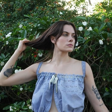 Antique Crop Top / Dusty Blue Crochet Camisole / Cropped Blouse / Ethereal Summer Shirt / Tank Top / Festival Top /Hand Dyed Blue 