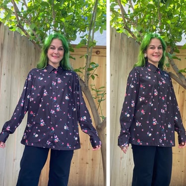 Vintage 1970’s Black Floral Long Sleeve Shirt 