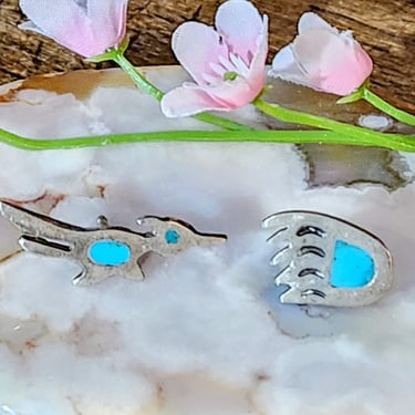 2 Navajo Sterling Pushback Pins~Sterling Silver with Blue Turquoise Chip Inlay~Old Pawn Native American pin 