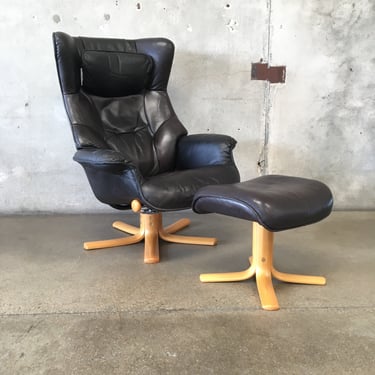 Vintage 1970s Leather Recliner With Ottoman By Hjellegjerde Mobler