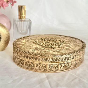 Gold Ornate Jewelry Box, Etched, Engraved Brass, Hollywood Regency, Velvet Interior, Mid Century Vintage 