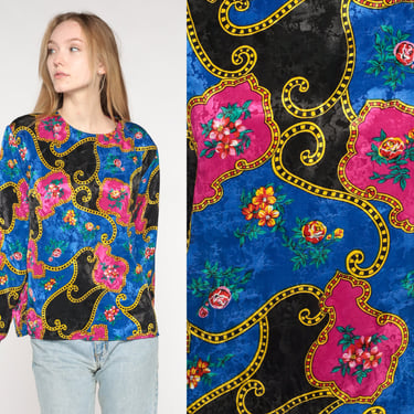 Baroque Floral Blouse 80s 90s Embossed Shirt Long Sleeve Top Silky Boho 1980s Vintage Retro Bohemian Pullover Black Blue Pink Large 12 L 