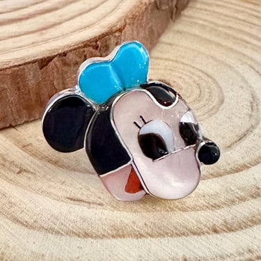 MINNIE MOUSE Zuni Toons Ring | Sterling Silver Jet Turquoise Spiny Oyster Mother of Pearl Inlay Ring| Native American Zunitoons| Size 6 & 7 