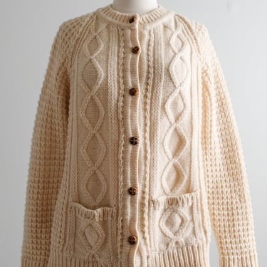 Adorable 1970's  Cable Knit Cream Aran Wool Cardigan Sweater / Sz M