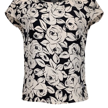 Escada - Ivory & Black Floral Print Cap Sleeve Blouse Sz 8