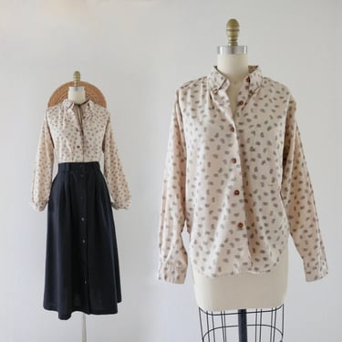 beige paisley button top - m  - womens vintage 90s y2k brown tan black size medium minimal long sleeve shirt blouse 