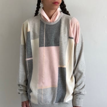 60s lambswool intarsia sweater / vintage Braemar pink gray oversized color block crewneck pullover boyfriend lambswool sweater Scotland | L 