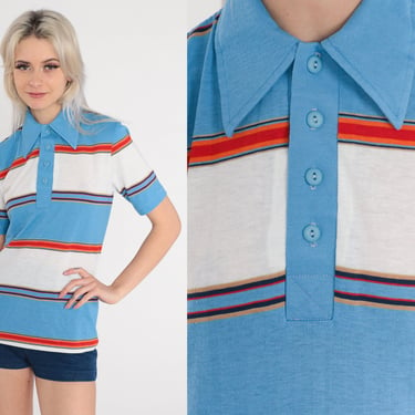 Striped Polo Shirt 70s Collared T-Shirt Blue White Half Button Up Short Sleeve TShirt Preppy Collared Vintage 1970s Montgomery Ward Small S 