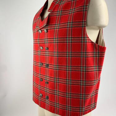 Vintage Red Tartan Plaid Vest - All Wool - Double Breasted - Cool Metal Snowflake Buttons - Cotton Lined - Men's Size Large 