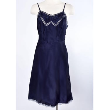 1940's Blue LARGE size Barbizon Full Slip Vintage Lingerie, 14 Miss, Navy Blue Lace Mid Century Satin 