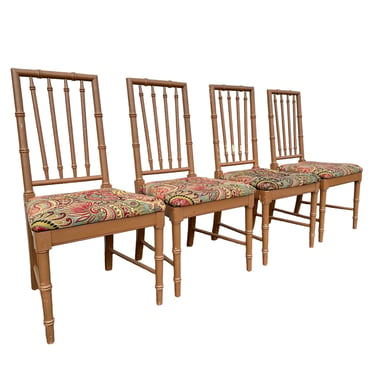 Set of 4 Faux Bamboo Dining Chairs Project - Vintage Hollywood Regency Coastal Boho Chic Palm Beach Style Furniture 