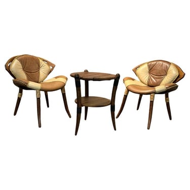 Palm Wood &amp; Leather Zulu Set of Chairs and Table by Pacific Green Manufacture