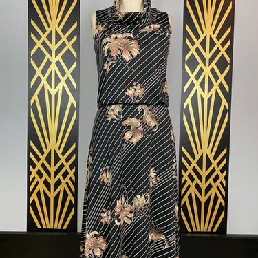 1970s polyester dress, black floral, vinytage 70s dress, cowl neck dress, striped dress, tiger lily, small medium, blouson, sleeveless, mod 