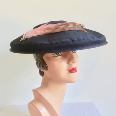 1950's Navy Blue Wide Brim Platter Style Hat Pink Feathers and Brooch Trim New Look Rockabilly 50's Millinery Sanger Bros Dallas 