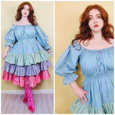 Vintage Anna Konya Pastel Cupcake Tiered Dress / Blue Green Ruffled Volume Sleeve Cotton Peasant Dress / One Size 