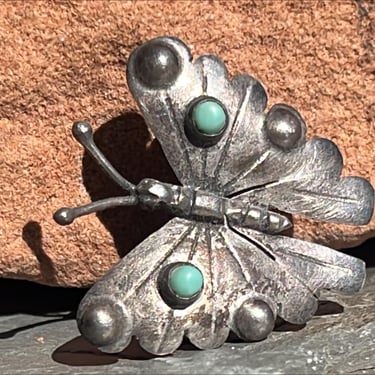 Vintage Mexico Sterling Silver Small Butterfly Pin / Brooch with Stone Cab Highlights on Wings c. 1940s 