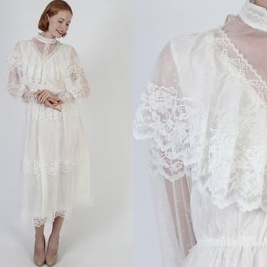 Victorian Inspired Wedding Dress Sheer Off White Floral Lace Gown 70s Bridal High Collar Edwardian Style 