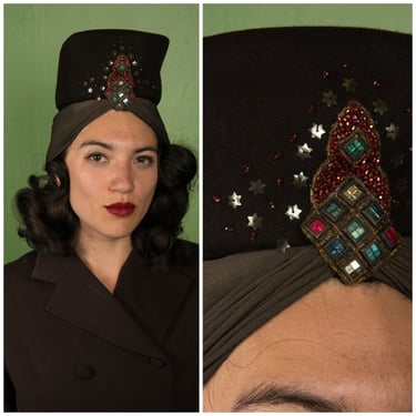 1940s Vintage Hat - Rare 40s Peaked Toque in Ruch Brown with Turban Style Jersey and Multicolor Beaded Embellishment New York Creation 