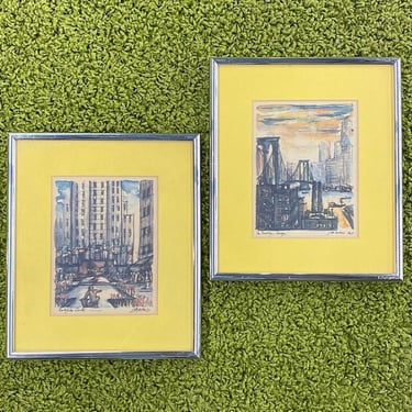 Vintage J.M. Gallais Art 1960s Retro 14x12 Size Mid Century Modern + Ink and Watercolor + New York City + Set of 2 + Framed + MCM Wall Decor 