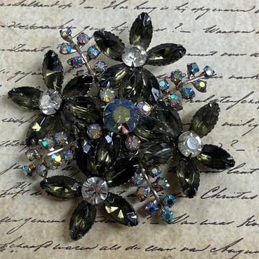 gray jeweled brooch 1950s crystal AB bouquet flower pin 