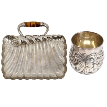 1880's Antique American Aesthetic Movement Silverplate and Tiger Eye Card Tray and Beaker Cup 
