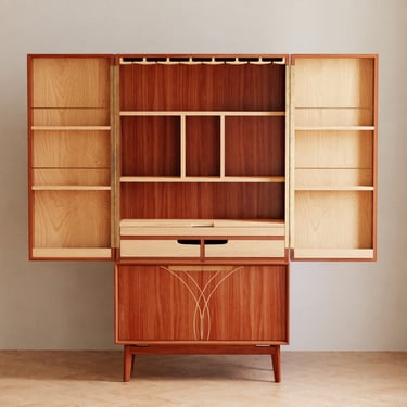 Kitchen bar cabinet tall in solid mahogany wood - Mid century modern wet bar with storage - Credenza hutch buffet 
