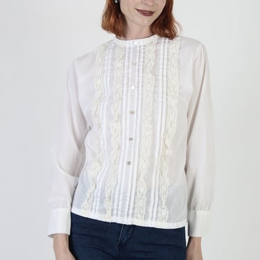 White Plain Lace Victorian Style Blouse, Womens Button Up Bohemian Top, Old Fashion Western Inspired Tunic 