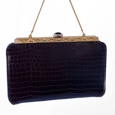 1960s Dark Brown Leather Croc embossed Handbag