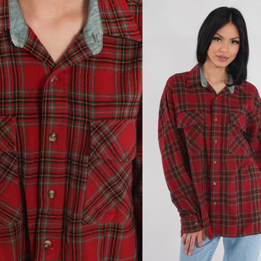 Red Flannel Shirt 90s Plaid Button up Shirt Retro Grunge Lumberjack Long Sleeve Boyfriend Black Green Checkered Vintage 1990s Mens Medium M 